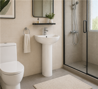 Lavabo avec colonne – Lavabo peu encombrant avec options de trop-plein et de robinet pour les salles de bains modernes et petites